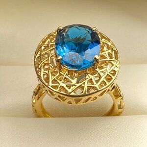 Lab Made London Blue Topaz Sterling Silver Ring Sz. 7 - 14k Gold Vermeil, 6.8gm